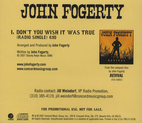 John Fogerty Don't You Wish It Was True CD-R acetate US FOGCRDO416701