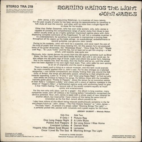 John James (Folk) Morning Brings The Light vinyl LP album (LP record) UK J+JLPMO698511