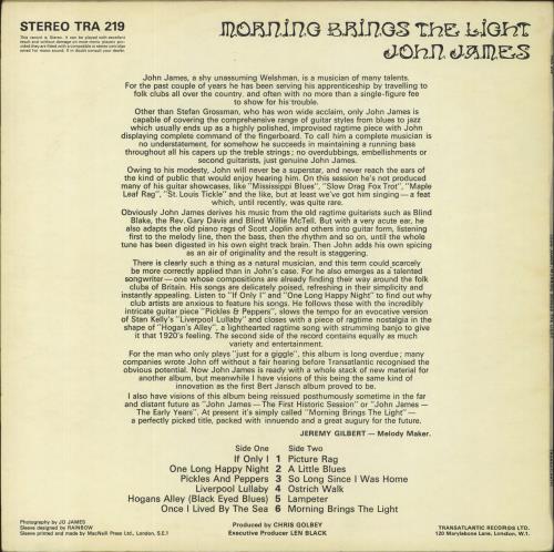 John James (Folk) Morning Brings The Light vinyl LP album (LP record) UK J+JLPMO819492
