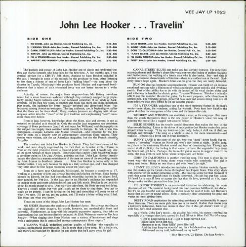 John Lee Hooker Travelin' vinyl LP album (LP record) US JLHLPTR831459
