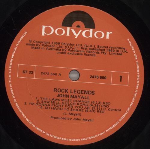 John Mayall Rock Legends vinyl LP album (LP record) Australian JOMLPRO888650