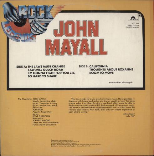 John Mayall Rock Legends vinyl LP album (LP record) Australian JOMLPRO888650