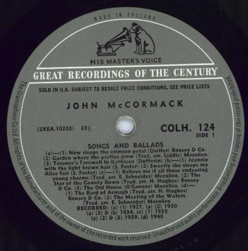 John McCormack Songs And Ballads vinyl LP album (LP record) UK J6HLPSO771487