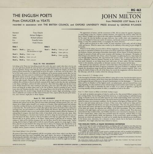 John Milton Paradise Lost: Books Three & Four (Abridged) vinyl LP album (LP record) UK 2YKLPPA760659