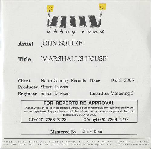John Squire Marshall's House CD-R acetate UK JSQCRMA473709
