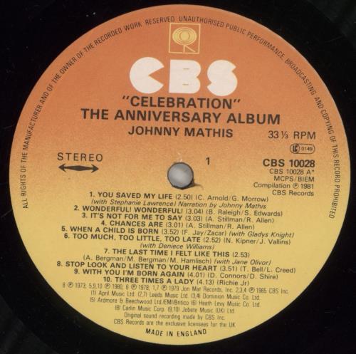 Johnny Mathis Celebration vinyl LP album (LP record) UK J-MLPCE434562