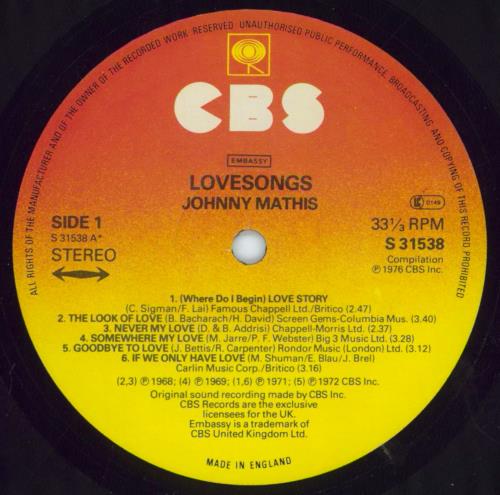 Johnny Mathis Love Songs vinyl LP album (LP record) UK J-MLPLO816606
