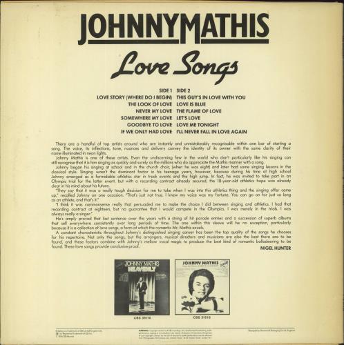 Johnny Mathis Love Songs vinyl LP album (LP record) UK J-MLPLO816606