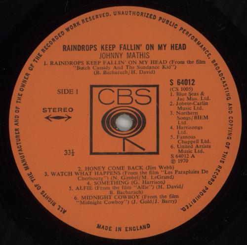 Johnny Mathis Raindrops Keep Fallin' On My Head vinyl LP album (LP record) UK J-MLPRA268497