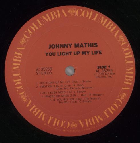 Johnny Mathis You Light Up My Life vinyl LP album (LP record) US J-MLPYO883876