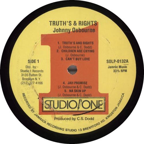 Johnny Osbourne Truths And Rights vinyl LP album (LP record) US J/OLPTR695912