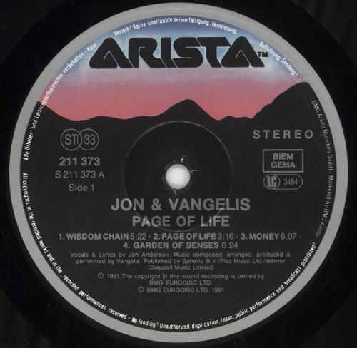Jon & Vangelis Page Of Life vinyl LP album (LP record) German JVALPPA647103