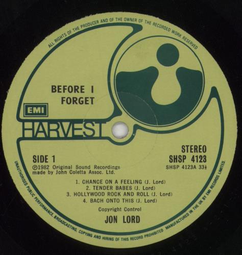 Jon Lord Before I Forget vinyl LP album (LP record) UK JLDLPBE356906