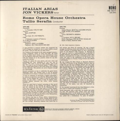 Jon Vickers Italian Arias vinyl LP album (LP record) UK J5-LPIT536544