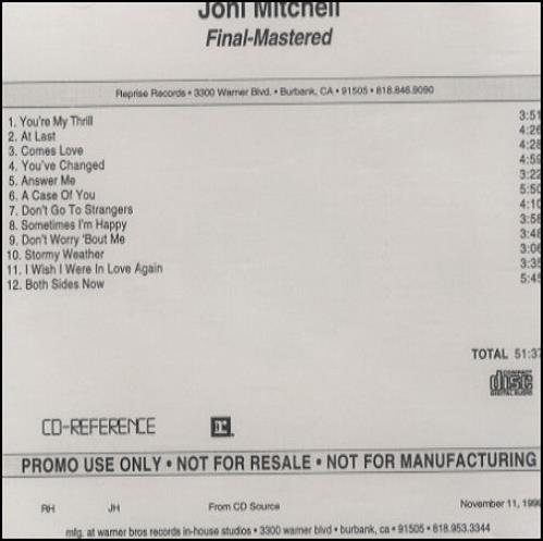 Joni Mitchell Both Sides Now - Final Mastered CD-R acetate US JNICRBO159974