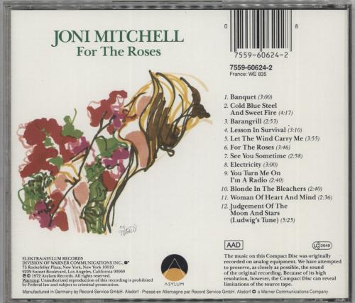 Joni Mitchell For The Roses CD album (CDLP) German JNICDFO867767