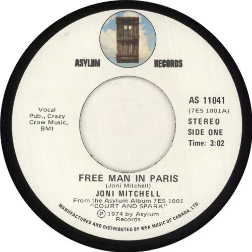 Joni Mitchell Free Man In Paris 7" vinyl single (7 inch record / 45) Canadian JNI07FR734345