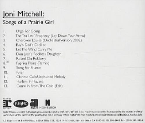Joni Mitchell Songs Of A Prairie Girl CD-R acetate US JNICRSO326035
