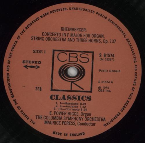 Josef Rheinberger Rheinberger: Two Concertos For Organ & Orchestra E Power Biggs op. 137 / G-moll, Op. 177 vinyl LP album (LP record) UK 850LPRH861546