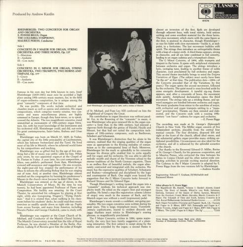 Josef Rheinberger Rheinberger: Two Concertos For Organ & Orchestra E Power Biggs op. 137 / G-moll, Op. 177 vinyl LP album (LP record) UK 850LPRH861546