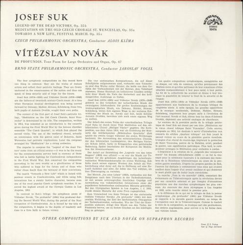 Josef Suk (1874-1935) Suk: War Triptych / Novak: De Profundis vinyl LP album (LP record) Czech Z22LPSU879512