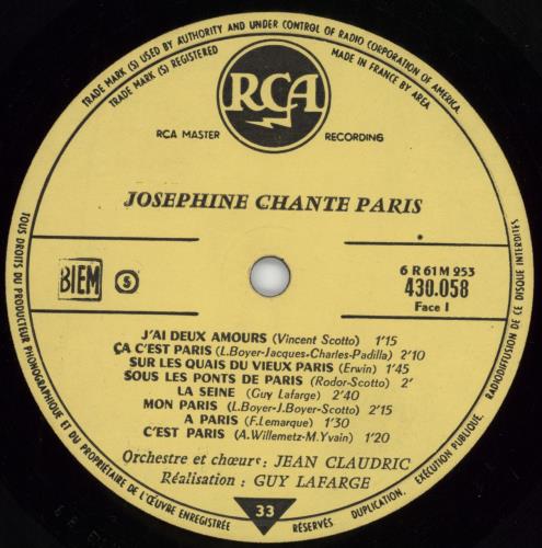 Josephine Baker Jos�phine Chante Paris vinyl LP album (LP record) French J3BLPJO776854