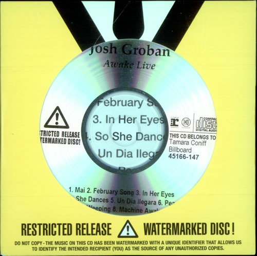 Josh Groban Awake Live CD-R acetate US JHGCRAW501955