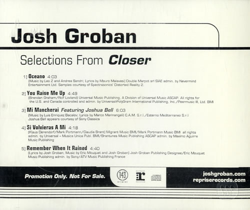 Josh Groban Selections From Closer CD album (CDLP) US JHGCDSE271466