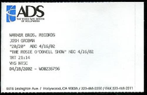 Josh Groban The Rosie O'Donell Show video (VHS or PAL or NTSC) US JHGVITH300895