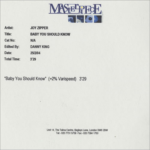 Joy Zipper Baby You Should Know CD-R acetate UK JA3CRBA473298
