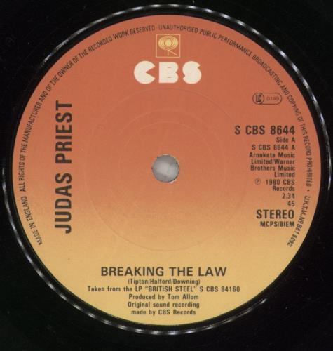 Judas Priest Breaking The Law + Patch - VG 7" vinyl single (7 inch record / 45) UK JUD07BR888923