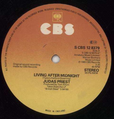 Judas Priest Living After Midnight - EX 12" vinyl single (12 inch record / Maxi-single) UK JUD12LI849570