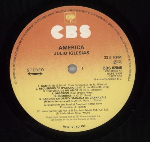 Julio Iglesias America vinyl LP album (LP record) UK IGLLPAM425642