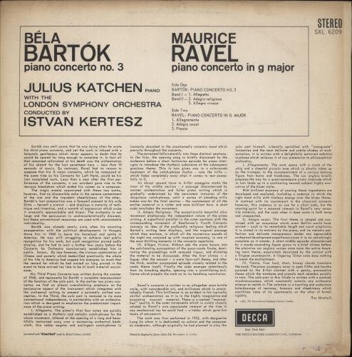 Julius Katchen Bart�k: Piano Concerto No. 3 / Ravel: Piano Concerto In G Major vinyl LP album (LP record) UK K6MLPBA872375