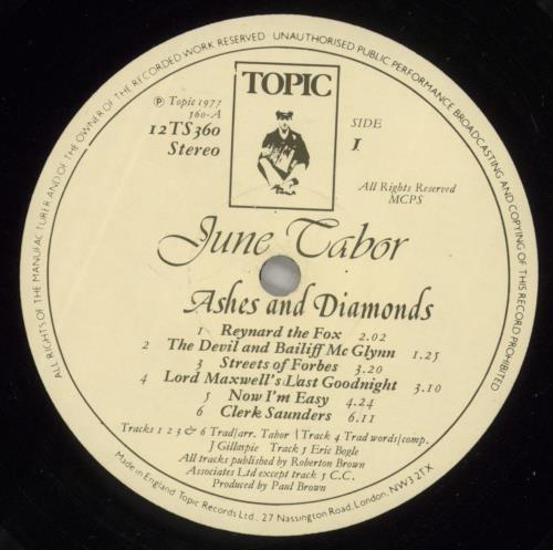 June Tabor Ashes And Diamonds vinyl LP album (LP record) UK JNOLPAS542872