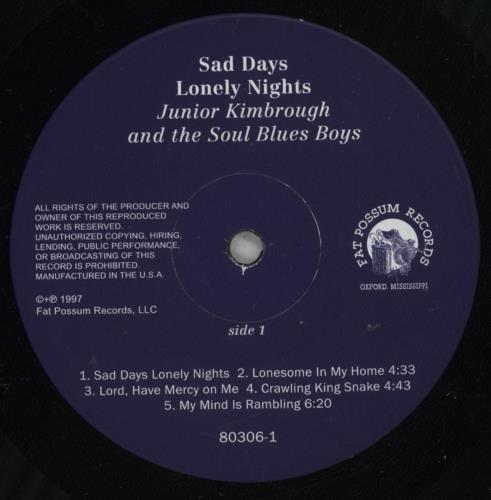 Junior Kimbrough Sad Days Lonely Nights vinyl LP album (LP record) US KU3LPSA878429