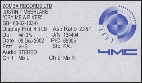 Justin Timberlake Cry Me A River video (VHS or PAL or NTSC) UK JTLVICR249289