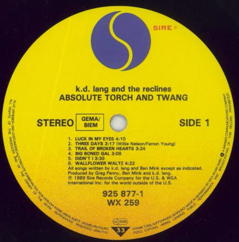 K.D. Lang Absolute Torch And Twang - Title stickered vinyl LP album (LP record) UK KDLLPAB40107