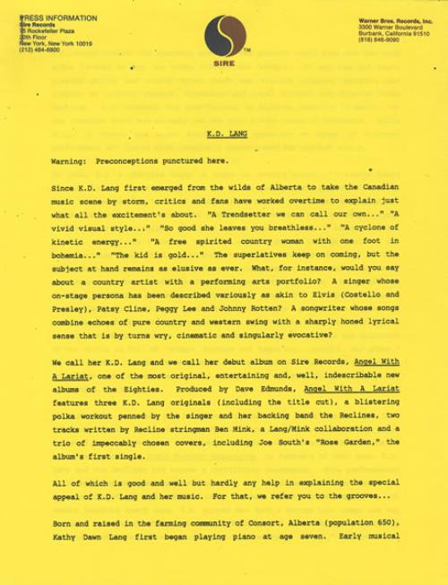 K.D. Lang Angel With A Lariat media press pack US KDLPPAN456125
