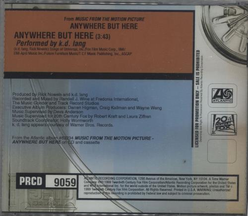 K.D. Lang Anywhere But Here CD single (CD5 / 5") US KDLC5AN147368