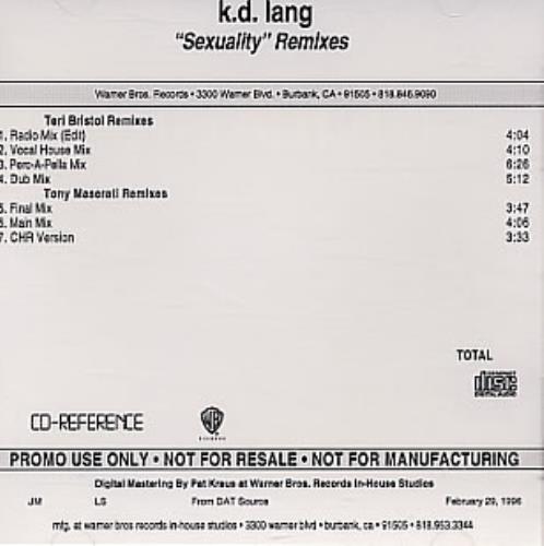 K.D. Lang Sexuality - 7 Track CD-R acetate US KDLCRSE76794
