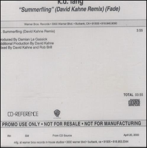 K.D. Lang Summerfling - David Kahne Remix Fade CD-R acetate US KDLCRSU160903