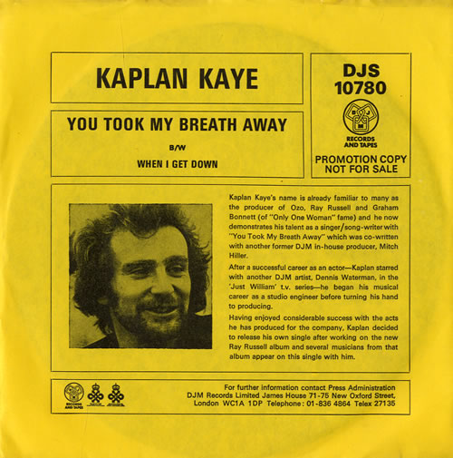 Kaplan Kaye You Took My Breath Away - Promo Sleeve 7" vinyl single (7 inch record / 45) UK KPK07YO564100