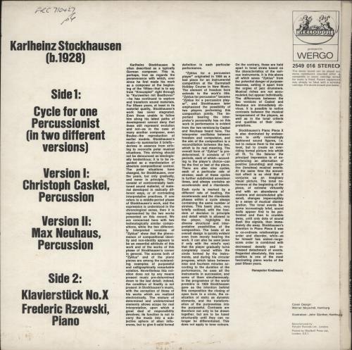 Karlheinz Stockhausen Cycle For One Percussionist (In Two Different Versions) / Klavierst�ck No. X vinyl LP album (LP record) UK KK4LPCY867413