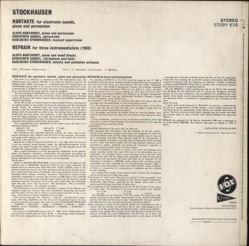 Karlheinz Stockhausen Kontakte For Electronic Sounds, Piano And Percussion / Refrain For Three Instrumentalists vinyl LP album (LP record) UK KK4LPKO858099