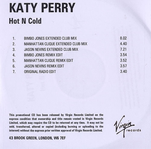 Katy Perry Hot N Cold CD-R acetate UK KT3CRHO455582