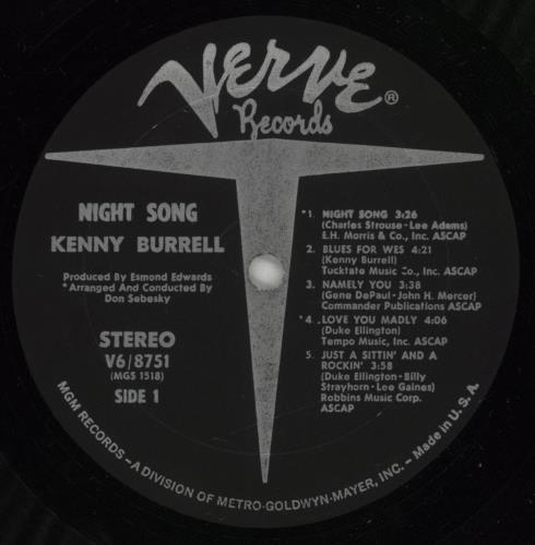 Kenny Burrell Night Song vinyl LP album (LP record) US K\BLPNI876171