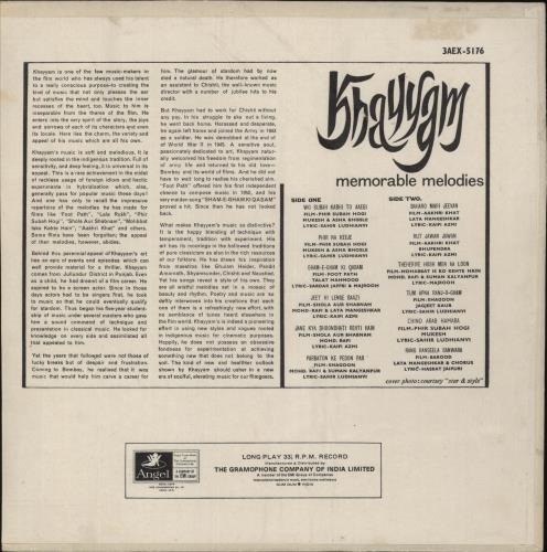 Khaiyyaam Memorable Melodies vinyl LP album (LP record) Indian OHFLPME886665