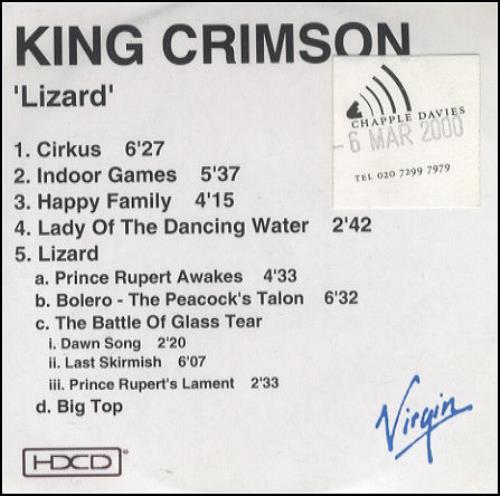 King Crimson Lizard CD-R acetate UK KNCCRLI154334