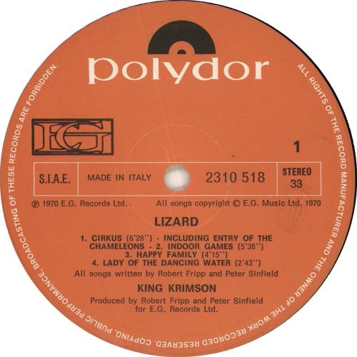 King Crimson Lizard vinyl LP album (LP record) Italian KNCLPLI726987